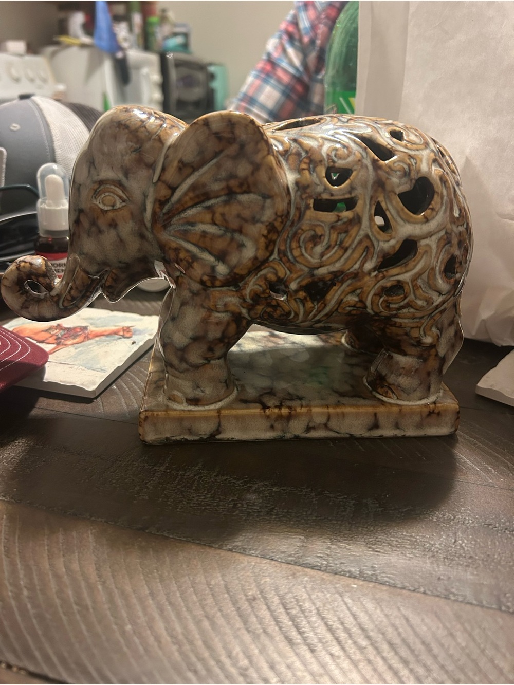Ceramic Brown Marble Elephant Sculpture - Decorative Home Art